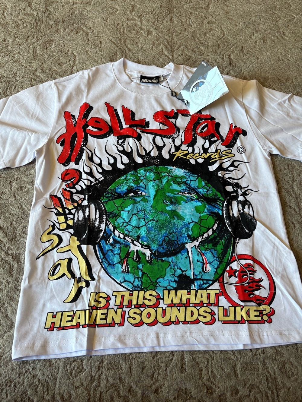 HELLSTAR Records White Graphic Tee - "Is This What Heaven Sounds Like?"